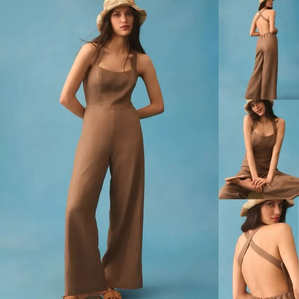Reformation Autumn Linen Jumpsuit Taupe Biball Open Back